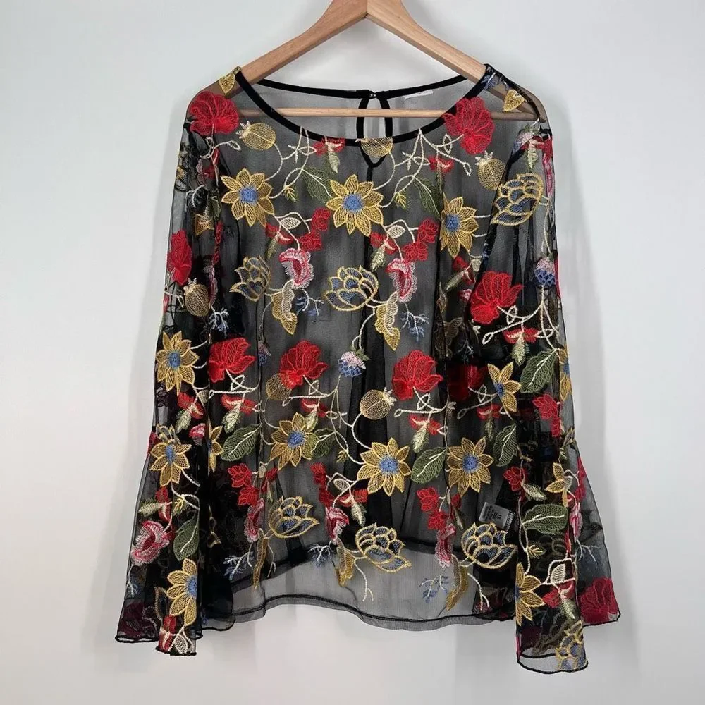 Impulsive Sheer Embroidered Floral Top - Picture 1 of 11